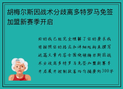 胡梅尔斯因战术分歧离多特罗马免签加盟新赛季开启 胡梅尔斯因战术分歧离多特罗马免签加盟新赛季开启